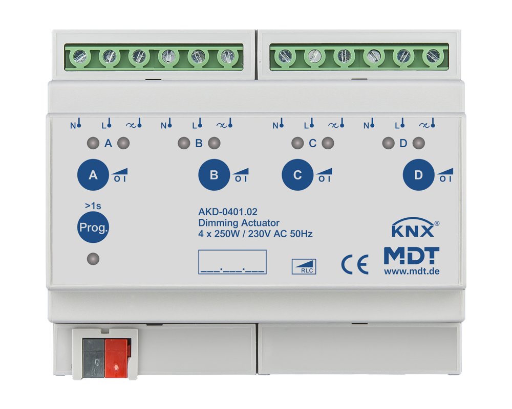 [AKD-0401.02] KNX dimactor 4-voudig, 6TE REG, 250 W, 230 V AC met meting actieve energie