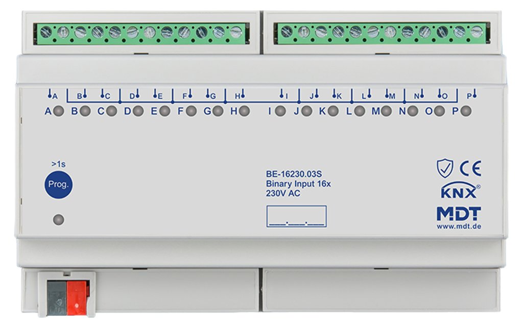 [BE-16230.03S] KNX binaire ingang 16-voudig, 8TE REG, versie 230 V AC, Secure