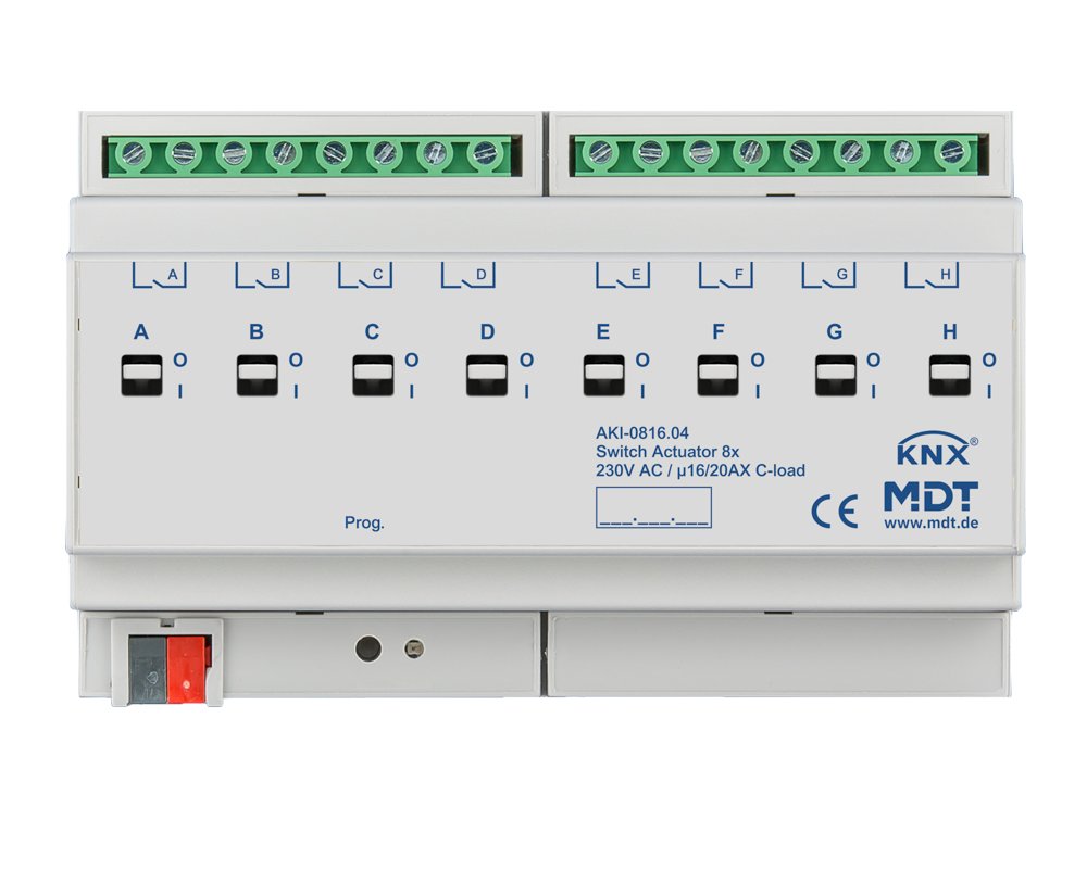 [AKI-0816.04] KNX schakelactor 8-voudig, 8TE REG, 16/20 A, 230 V AC, C-Last, industrie, 200 µF