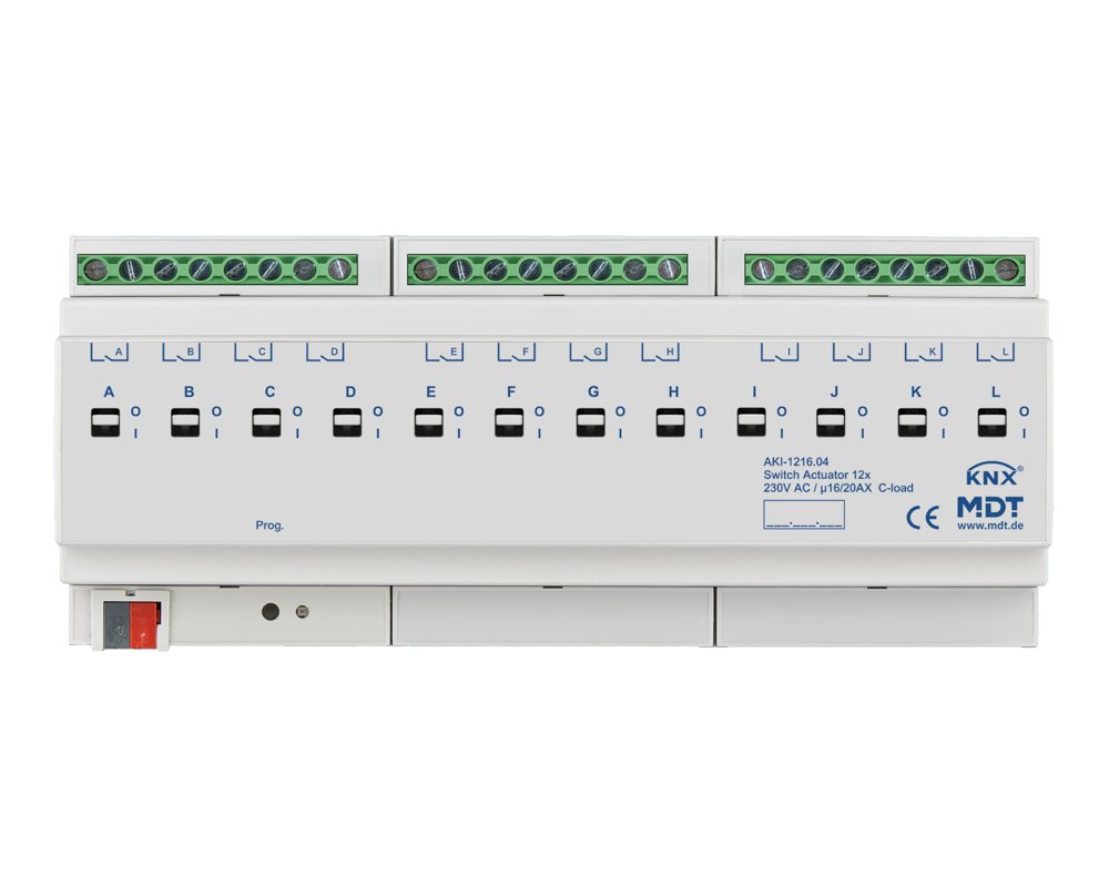 [AKI-1216.04] KNX schakelactor 12-voudig, 12TE REG, 16/20 A, 230 V AC, C-Last, industrie, 200 µF