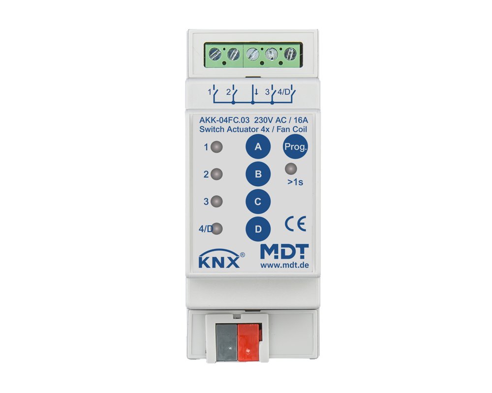 [AKK-04FC.03] KNX schakelactor 4-voudig, 2TE REG, 16 A, 230 V AC, compact, 70 µF, 10 ECG, Fan Coil