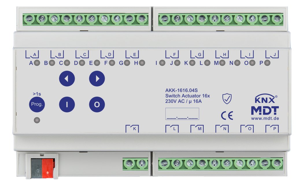 [AKK-1616.04S] KNX schakelactor 16-voudig, 8TE REG, 16 A, 230 V AC, compact, 70 µF, 10 ECG, Secure