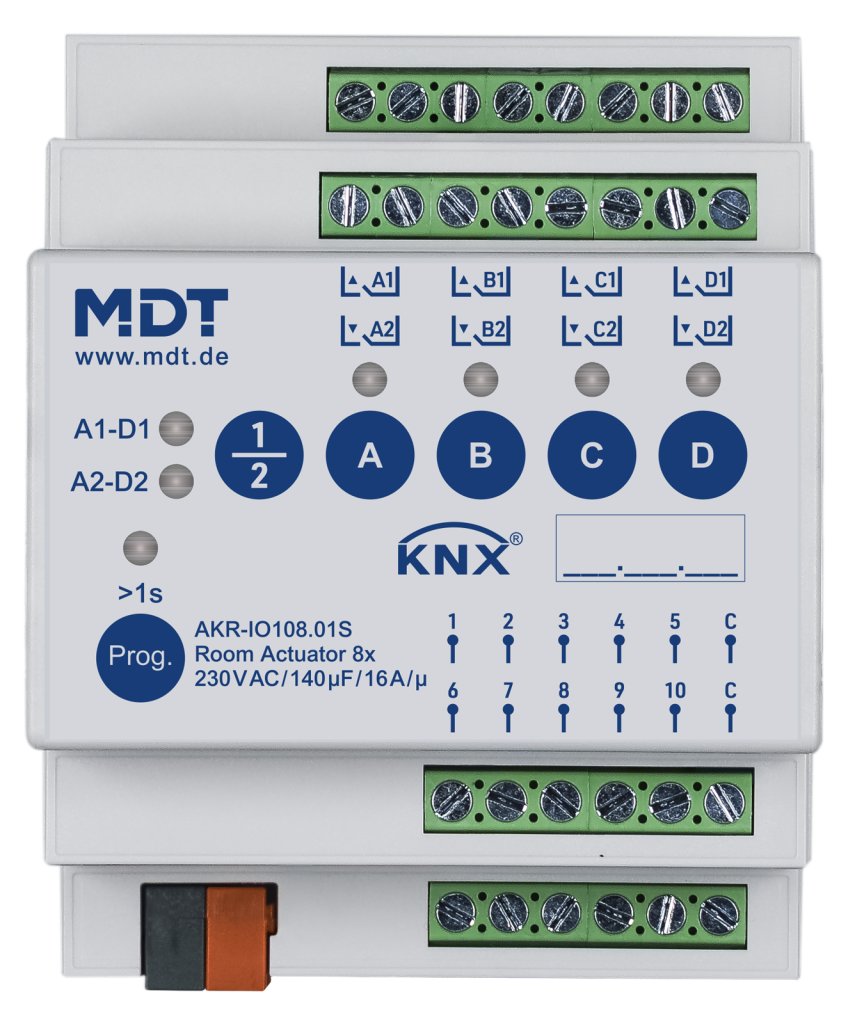 [AKR-IO108.01S] KNX ruimteactuator 8-voudig, 10 ingangen, 4TE REG, 16 A, 140 µF, Secure