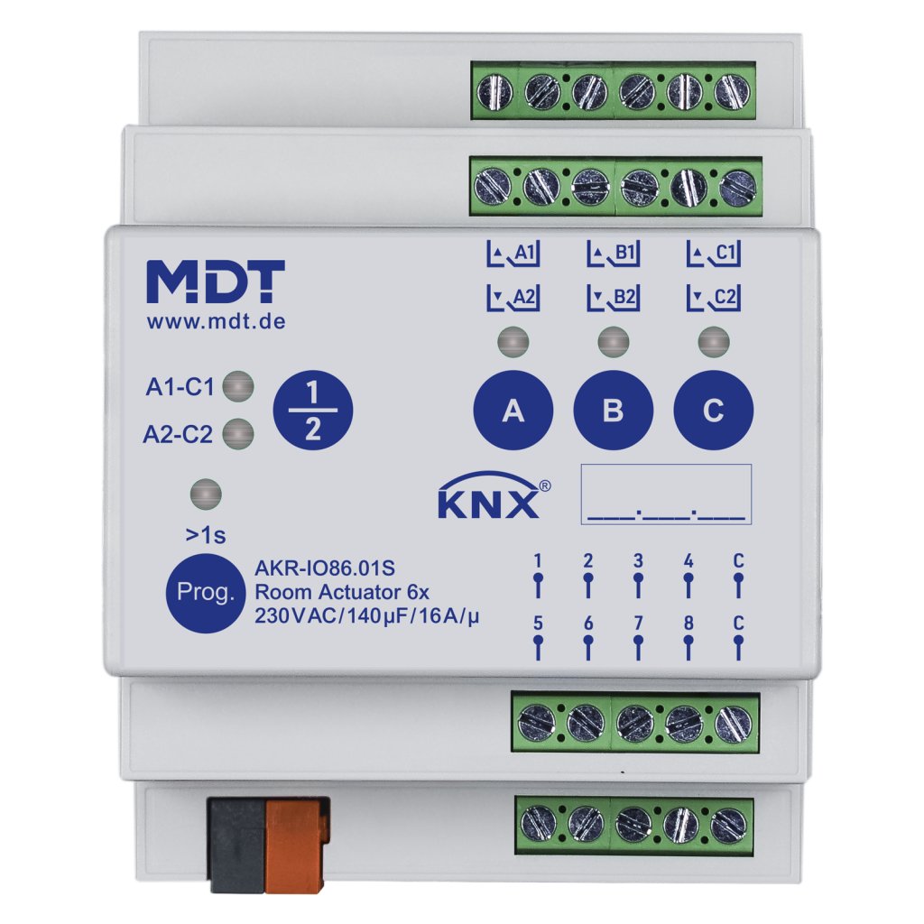 [AKR-IO86.01S] KNX ruimteactuator 6-voudig, 8 ingangen, 4TE REG, 16 A, 140 µF, Secure
