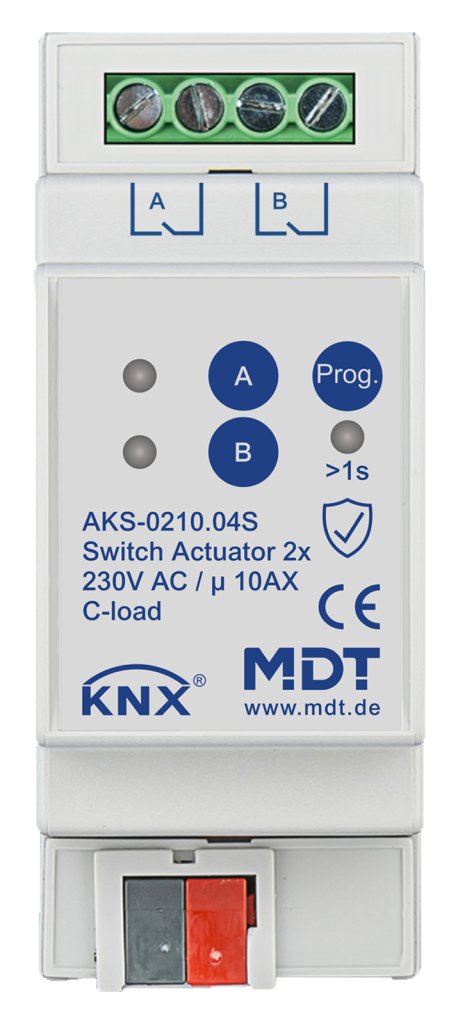 [AKS-0210.04S] KNX schakelactor 2-voudig, 2TE REG, 10 A, 230 V AC, C-Last, standaard, 140 µF, Secure