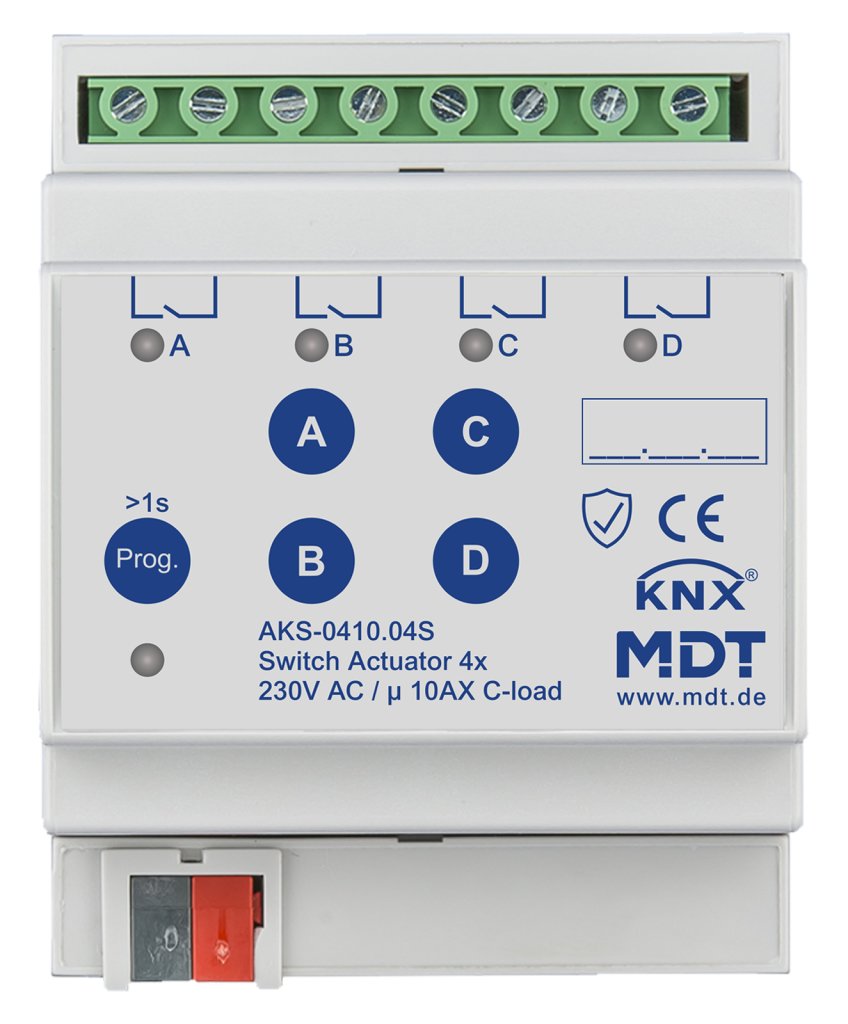 [AKS-0410.04S] KNX schakelactor 4-voudig, 4TE REG, 10 A, 230 V AC, C-Last, standaard, 140 µF, Secure