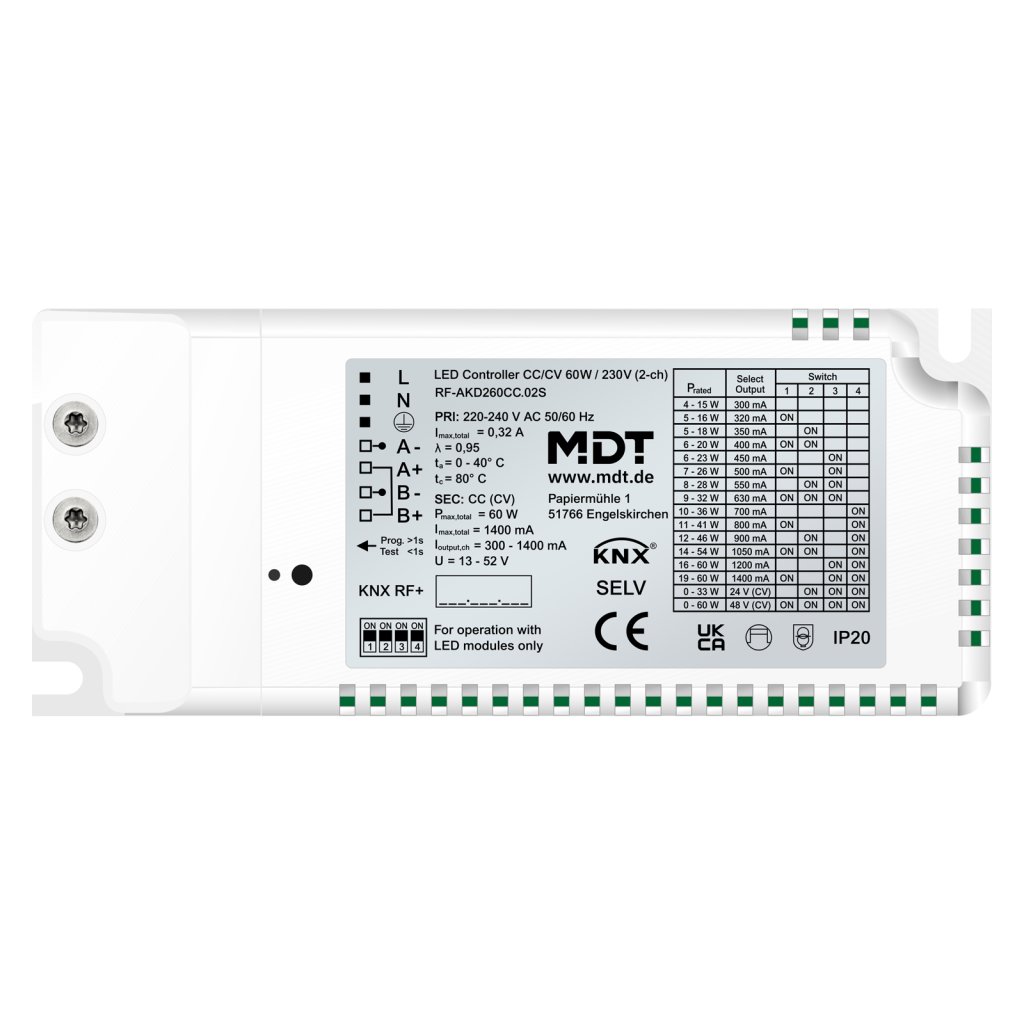 [RF-AKD260CC.02S] KNX RF+ LED stuureenheid CC/CV 60 W/230 V, 2-kanaals, Secure