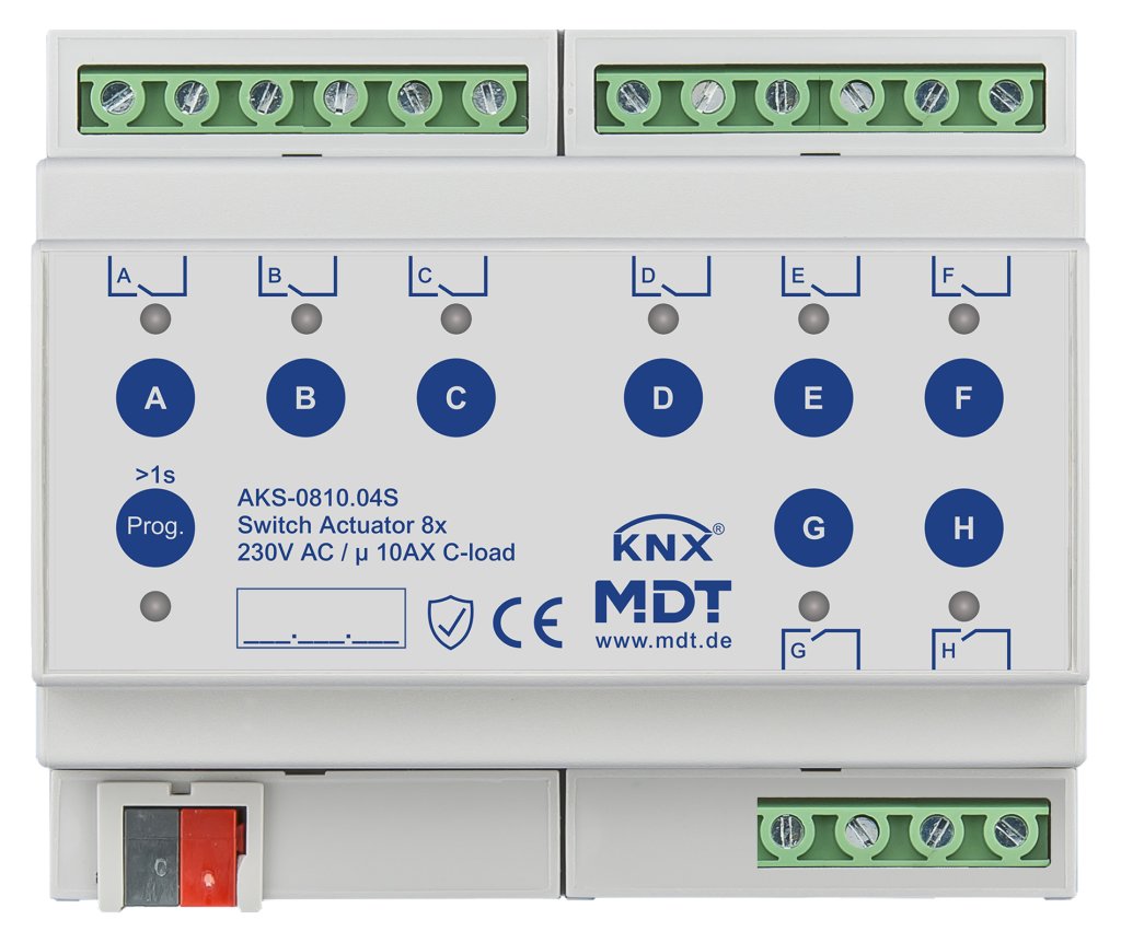 [AKS-0810.04S] KNX schakelactor 8-voudig, 6TE REG, 10 A, 230 V AC, C-Last, standaard, 140 µF, Secure