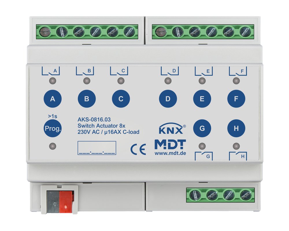 [AKS-0816.03] KNX schakelactor 8-voudig, 6TE REG, 16 A, 230 V AC, C-Last, standaard, 140 µF