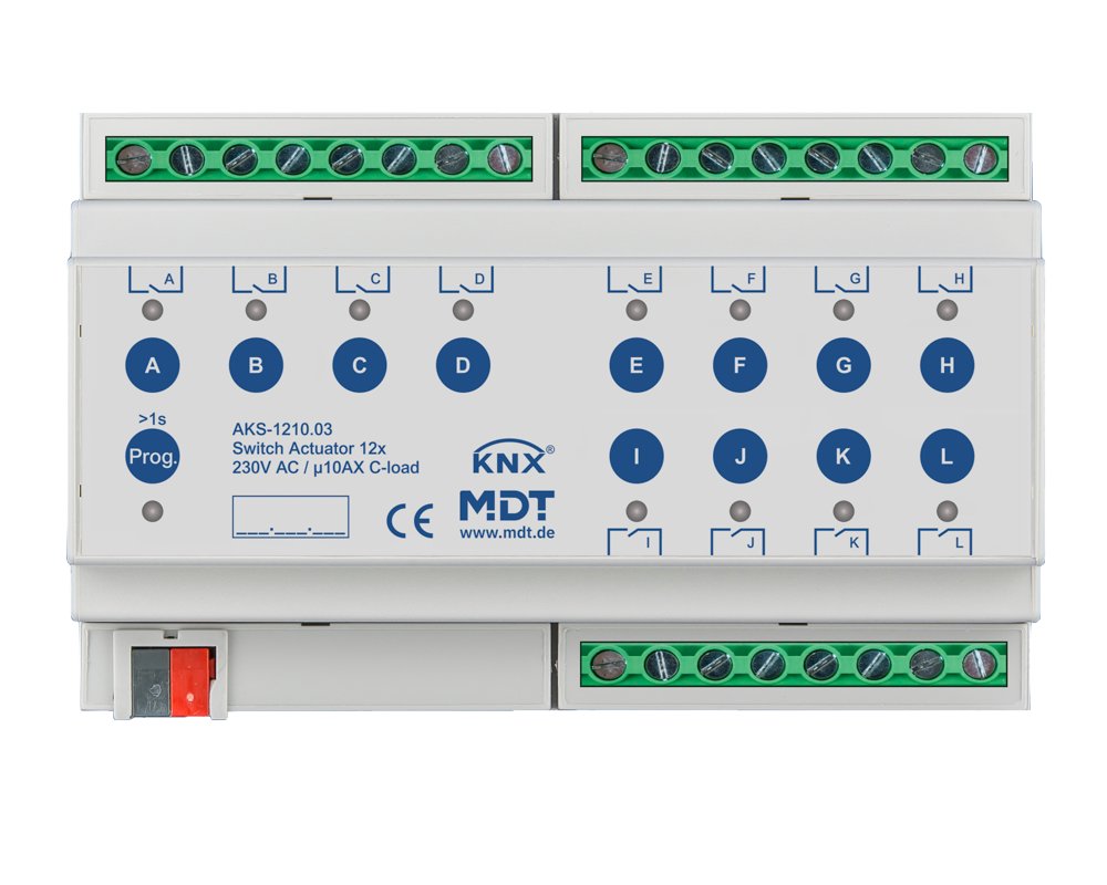 [AKS-1210.03] KNX schakelactor 12-voudig, 8TE REG, 10 A, 230 V AC, C-Last, standaard, 140 µF