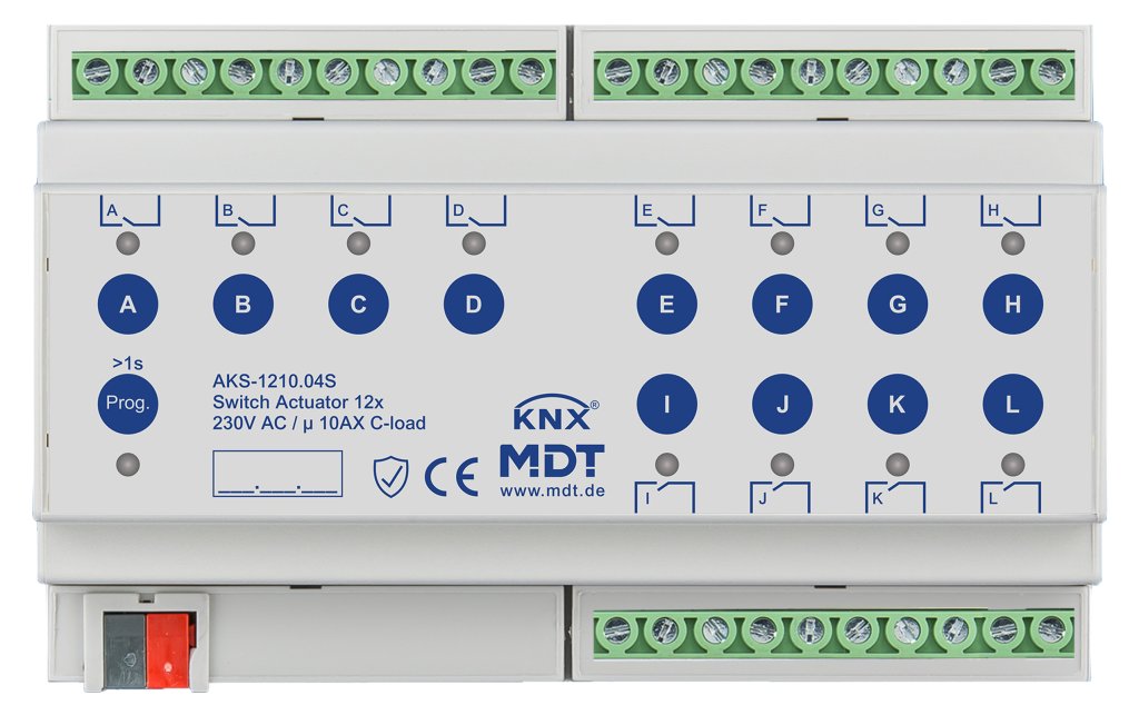 [AKS-1210.04S] KNX schakelactor 12-voudig, 8TE REG, 10 A, 230 V AC, C-Last, standaard, 140 µF, Secure