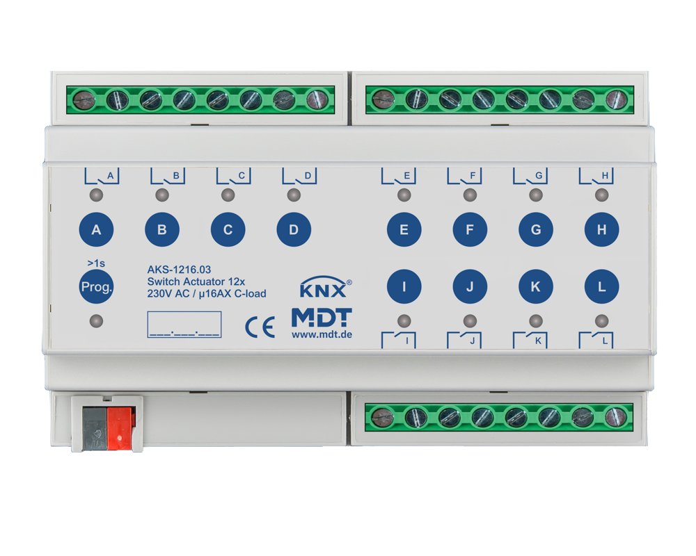 [AKS-1216.03] KNX schakelactor 12-voudig, 8TE REG, 16 A, 230 V AC, C-Last, standaard, 140 µF
