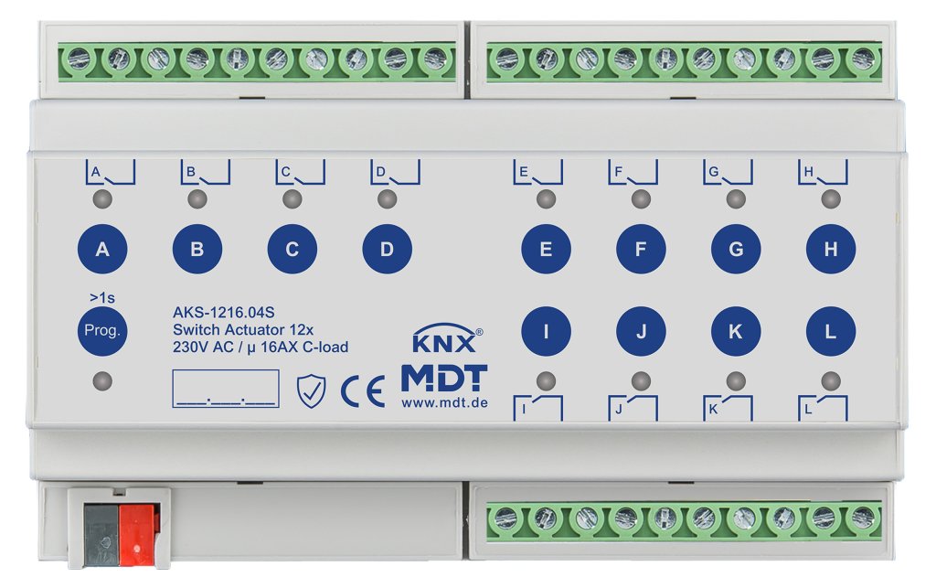 [AKS-1216.04S] KNX schakelactor 12-voudig, 8TE REG, 16 A, 230 V AC, C-Last, standaard, 140 µF, Secure