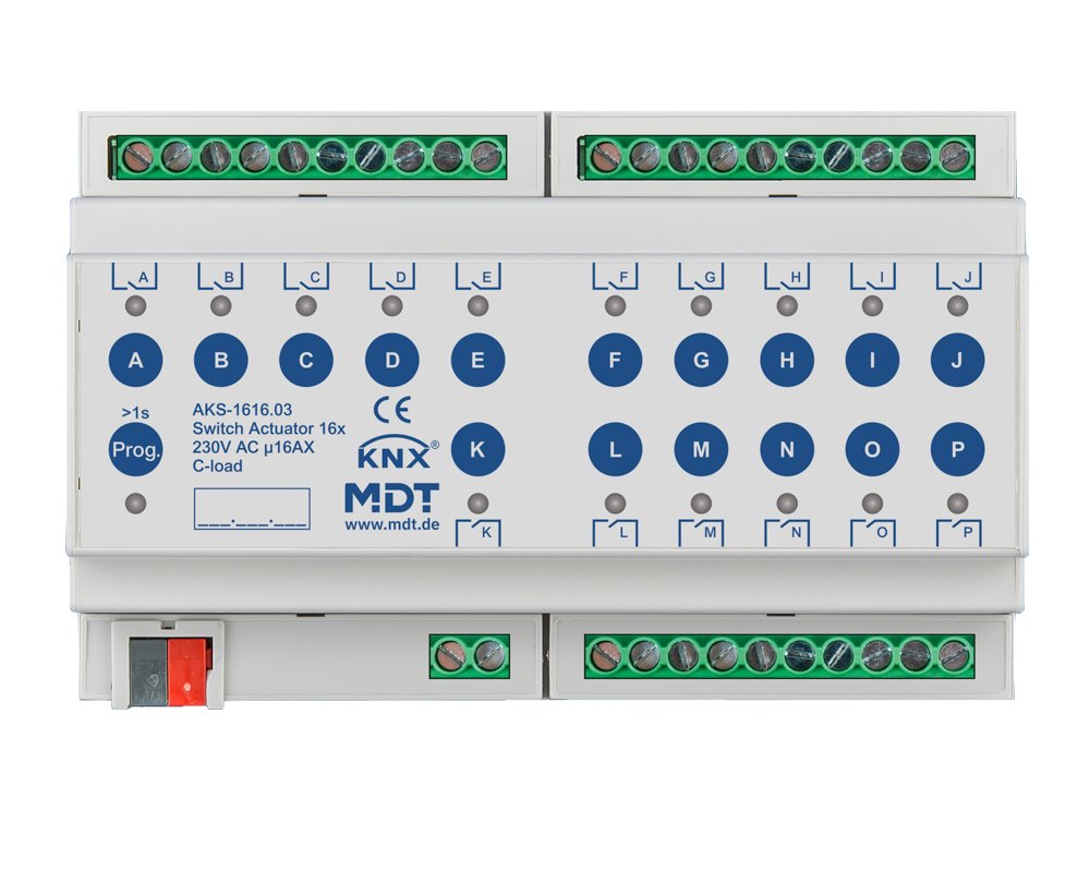 [AKS-1616.03] KNX schakelactor 16-voudig, 8TE REG, 16 A, 230 V AC, C-Last, standaard, 140 µF