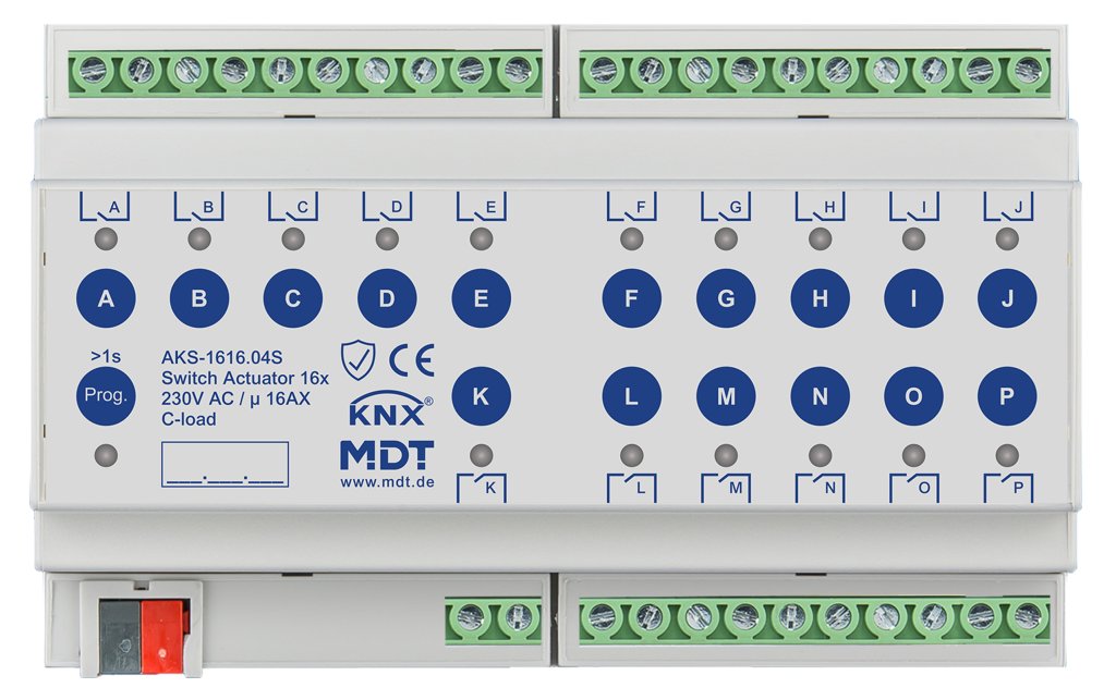 [AKS-1616.04S] KNX schakelactor 16-voudig, 8TE REG, 16 A, 230 V AC, C-Last, standaard, 140 µF, Secure