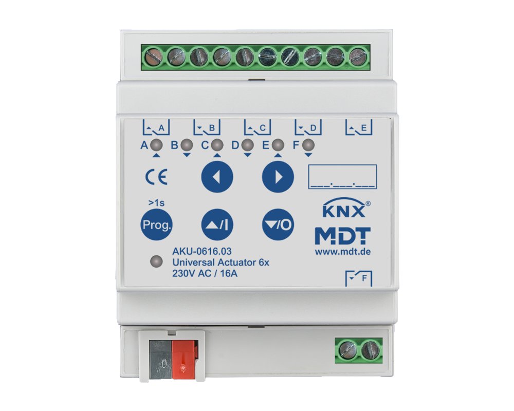 [AKU-0616.03] KNX universele actor 6-voudig, 4TE REG, 16 A, 230 V AC, 100 µF, 15 ECG