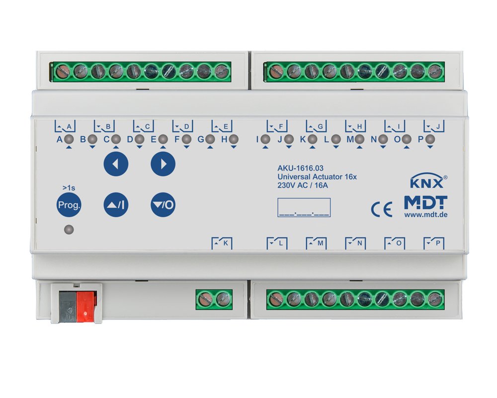 [AKU-1616.03] KNX universele actor 16-voudig, 8TE REG, 16 A, 230 V AC, 100 µF, 15 ECG