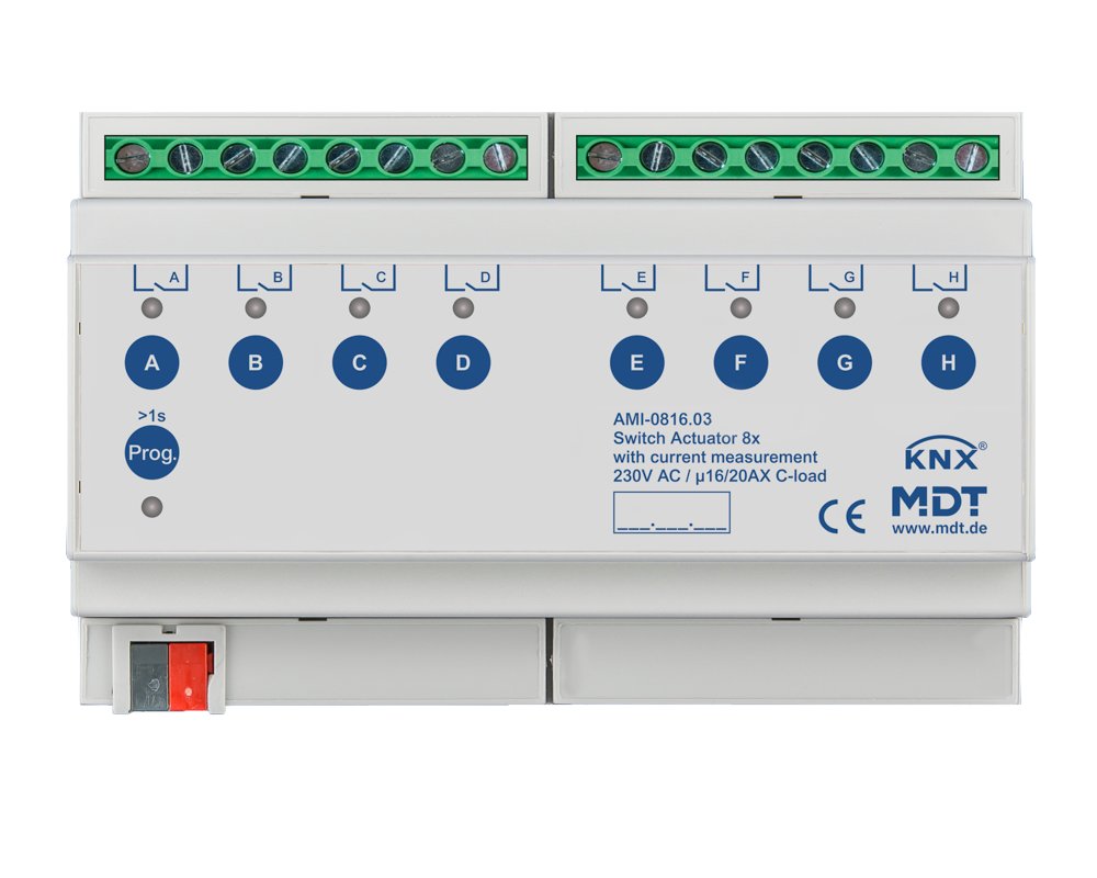 [AMI-0816.03] KNX schakelactor 8-voudig, 8TE REG, 16/20 A, 230 V AC, C-Last, stroommeting, 200 µF