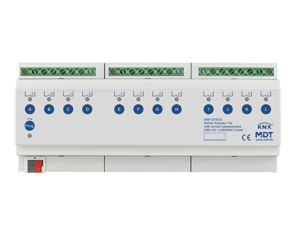 [AMI-1216.03] KNX schakelactor 12-voudig, 12TE REG, 16/20 A, 230 V AC, C-Last, stroommeting, 200 µF
