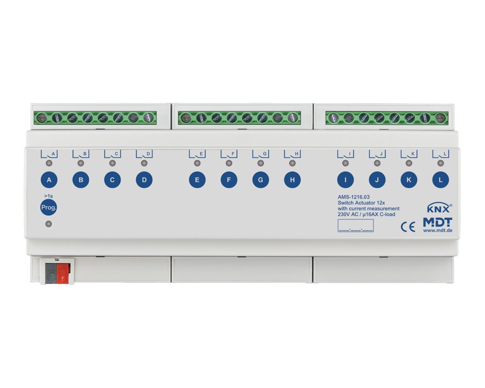 [AMS-1216.03] KNX schakelactor 12-voudig, 12TE REG, 16 A, 230 V AC, C-Last, stroommeting, 140 µF