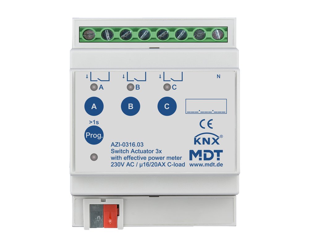 [AZI-0316.03] KNX schakelactor 3-voudig, 4TE REG, 16/20 A, 230 V AC, actieve energiemeter, 200 µF