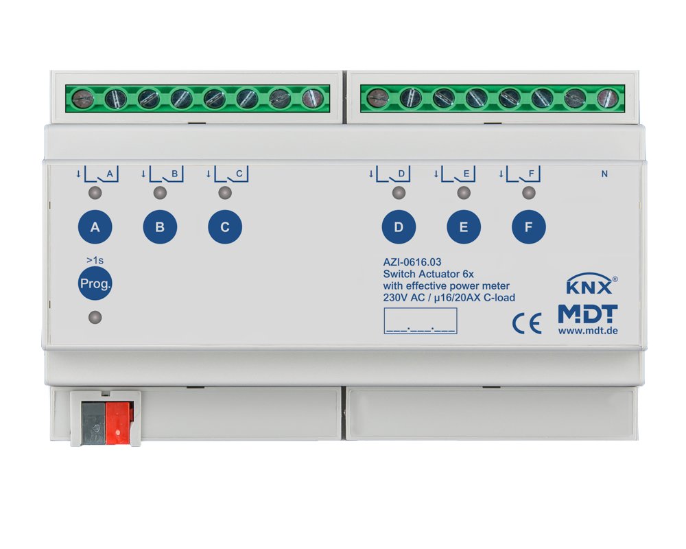 [AZI-0616.03] KNX schakelactor 6-voudig, 8TE REG, 16/20 A, 230 V AC, actieve energiemeter, 200 µF